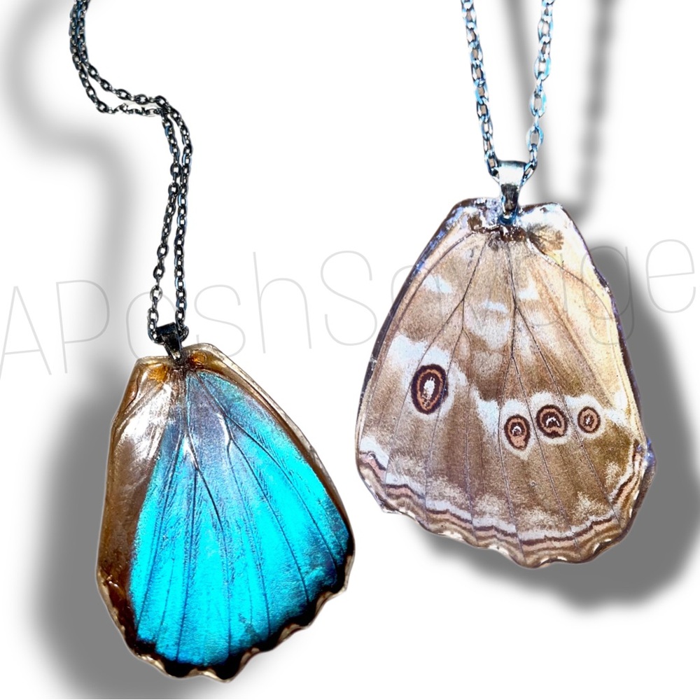 Reversible Blue & Brown Butterfly Wing Statement Necklace